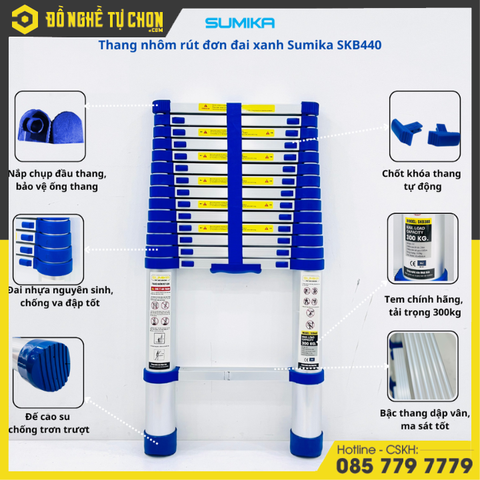 Thang Đơn Rút Nhôm Sumika SKB440 – Đai Xanh, Chiều Cao 4.4m | Gọn Nhẹ, Bền Chắc, Chuẩn An Toàn Châu Âu | Hàng Chính Hãng, có VAT