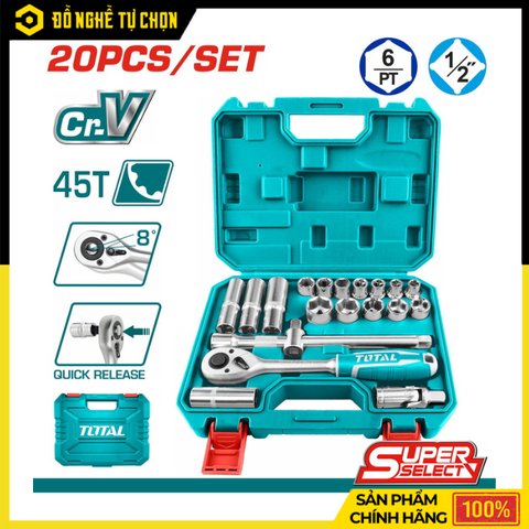 Bộ 20 Đầu Tuýp 1/2 Inch Total THT121201 Thép Cr-V Chịu Lực Cao, Kèm Tay Vặn 45 Răng Chuyên Nghiệp | Hàng Chính Hãng, Có VAT