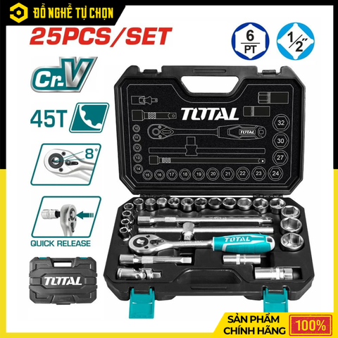Bộ Tuýp 25 Chi Tiết Total THT121251 1/2 Inch Thép Cr-V Cao Cấp, Đầy Đủ Phụ Kiện Cho Thợ Chuyên Nghiệp | Hàng Chính Hãng, Có VAT