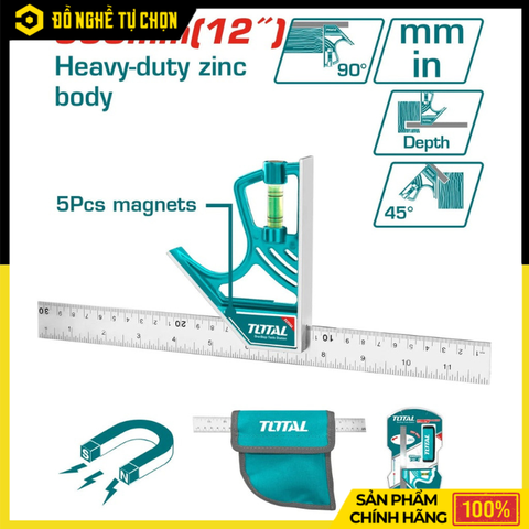 Thước Vuông Kết Hợp Total TMT653005 – 300mm (12”) – Lưỡi Inox Chống Gỉ – Có Nút Khóa Từ Tính – Hàng Chính Hãng Có VAT