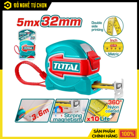 Thước Cuộn Thép Nền Vàng Total TMT80532 5mx32mm – Bản Rộng Chắc Chắn, Đo Chính Xác, Độ Bền Cao | Hàng Chính Hãng, Có VAT