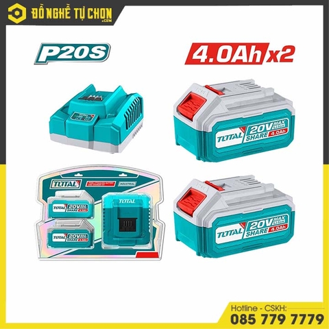 Bộ 2 pin TFBLI2002 và 1 sạc TFCLI20411E dùng pin  Lithium-Ion 20V hiệu Total TFBCPK1424