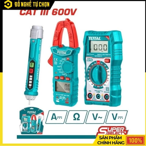 Bộ Dụng Cụ Đo Điện 3 Món TOTAL TMT43028 – Vạn Năng Kế + Kềm Đo Dòng + Bút Thử Điện – Chính Hãng Có VAT