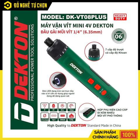 Máy Vặn Vít Mini Dekton DK-VT08PLUS 4V – Đầu Gài 1/4 inch (6.35mm) – 7 Cấp Trượt – Tích Hợp LED – Hàng Chính Hãng Có VAT