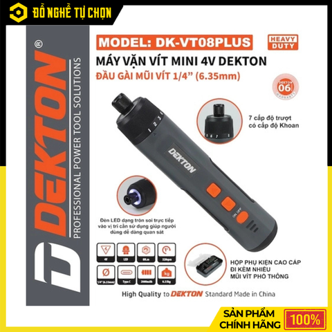 Máy Vặn Vít Mini Dekton DK-VT08PLUS 4V – Đầu Gài 1/4 inch (6.35mm) – 7 Cấp Trượt – Tích Hợp LED – Hàng Chính Hãng Có VAT