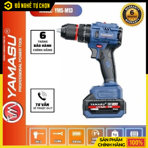 Máy Khoan Vít Pin 21V YAMASU YMS-M13 – Không Chổi Than – Lực Siết 70Nm – 20 Cấp Siết – Đầu Kẹp Ø13mm – 2 Pin – Hàng Chính Hãng Có VAT