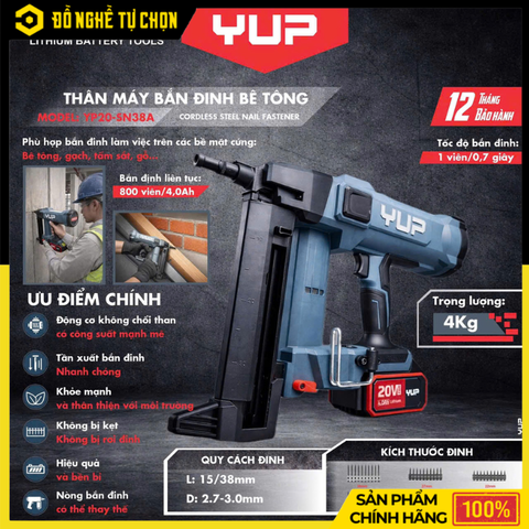 Máy Bắn Đinh Bê Tông Dùng Pin YUP YP20-SN38A Không Chổi Than Thi Công Linh Hoạt – Hàng Chính Hãng, Có VAT