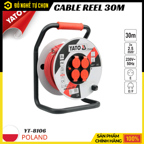 Cuộn Dây Điện Rulo Lõi Đồng Yato YT-8106 16A Dài 30m, Chống Quá Tải, Chuẩn IP44 Bền Bỉ | Hàng Chính Hãng, Có VAT