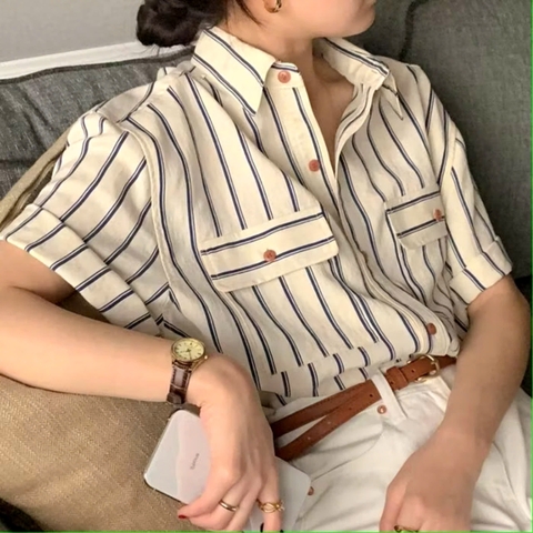 Áo sơ mi begie sọc to