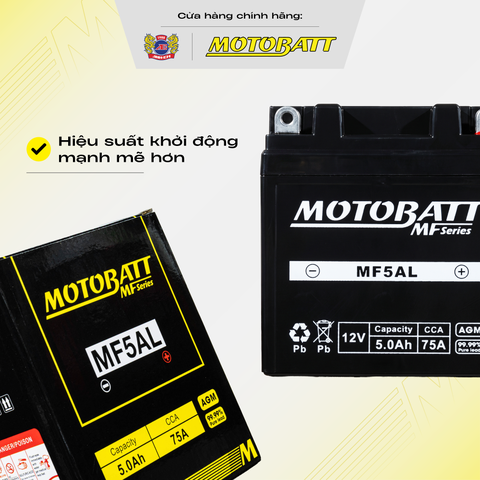 Bình Ắc Quy Xe Máy Khô Cọc Chì Motobatt Standard MF5AL 12V 5Ah Màu Đen