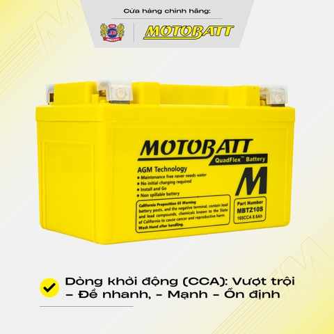Bình điện phân khối lớn Motobatt Quadflex 190A 8,6Ah dòng CCA cực cao bảo hành 12 tháng chính hãng