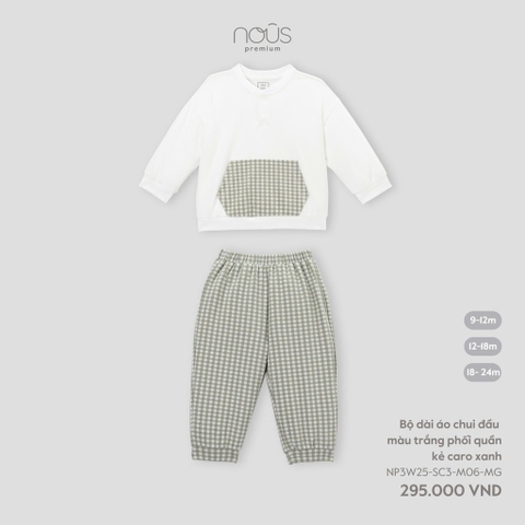 NOUS - Bộ dài áo chui đầu màu trắng phối quần kẻ caro xanh -SS25.T9A