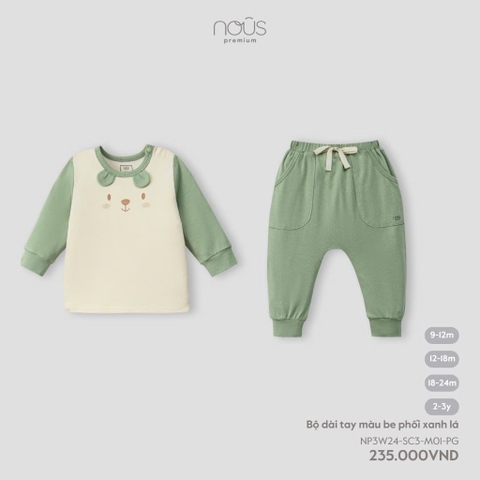 NOUS - Bộ dài tay màu be phối xanh lá 18M - SS24.T8A