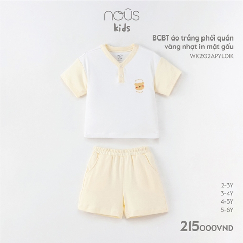 NOUS - BCBT áo trắng phối quần vàng nhạt in mặt gấu