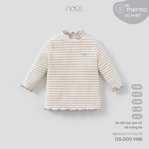 NOUS - Áo dài tay cao cổ kẻ trắng be -SS25.T9A