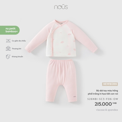 (Newborn) NOUS - Bộ dài tay màu hồng phối trắng in họa tiết con voi - SS26.T8A