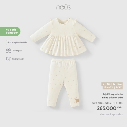 (9M-2Y) NOUS - Bộ dài tay màu be in họa tiết con chim - SS26.T8A