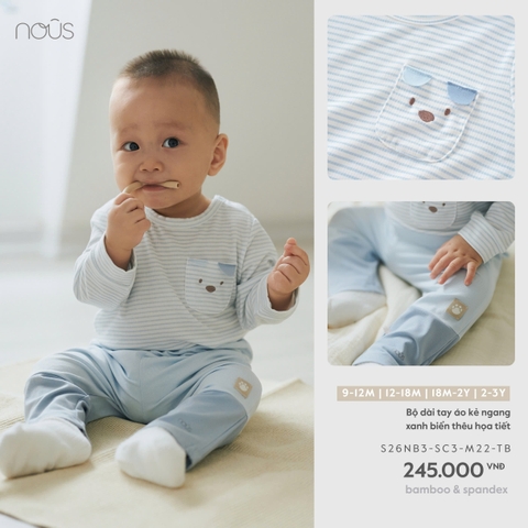 (9M-2Y) NOUS - Bộ dài tay áo kẻ ngang xanh biển thêu họa tiết - SS26.T8A