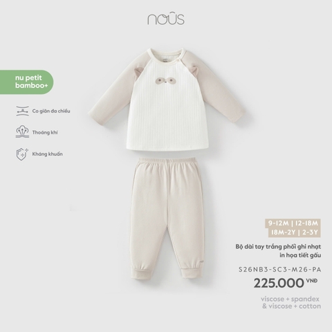 (9M-2Y) NOUS - Bộ dài tay trắng phối ghi nhạt in họa tiết gấu - SS26.T8A
