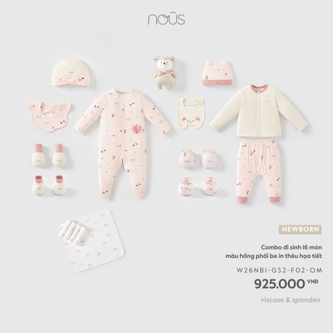 (Newborn) NOUS - Combo đi sinh 16 món màu hồng phối be in thêu họa tiết - SS26.T8A