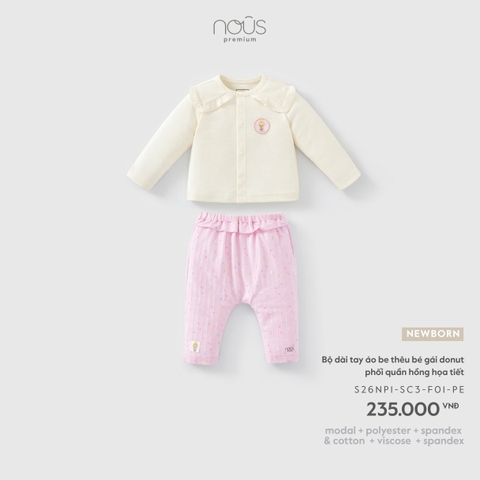 (Newborn) NOUS - Bộ dài tay áo be thêu bé gái donut phối quần hồng họa tiết - SS26.T9A