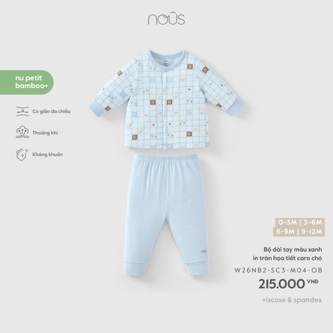 (0M-9M) NOUS - Bộ dài tay màu xanh in tràn họa tiết caro chó - SS26.T9A