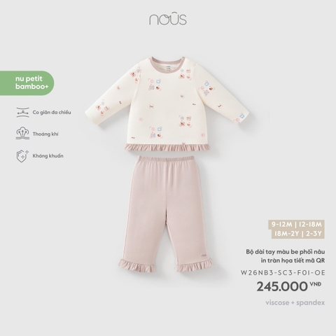(9M-2Y) NOUS - Bộ dài tay màu be phối nâu in tràn họa tiết mã QR - SS26.T9A