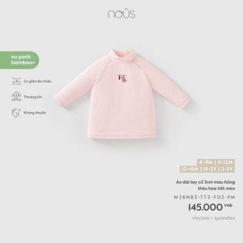 (6M-2Y) NOUS - Áo dài tay cổ 3cm màu hồng thêu họa tiết mèo - SS26.T9A