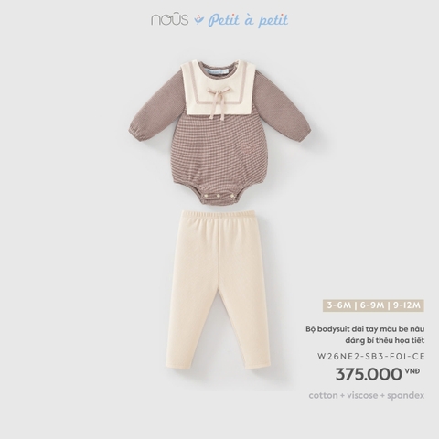 (0M-9M) NOUS - Bộ bodysuit dài tay màu be nâu dáng bí thêu họa tiết - SS26.T9A
