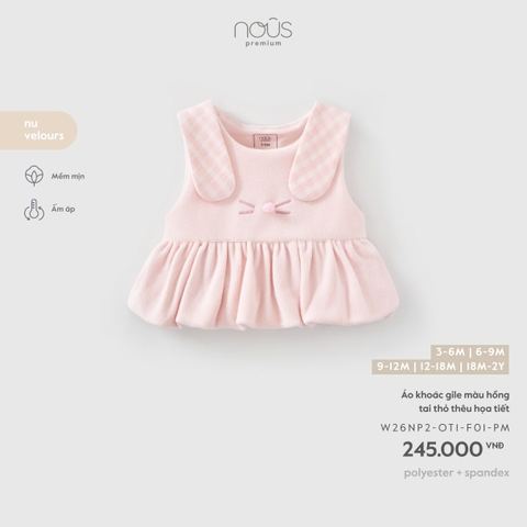 (3M-18M) NOUS - Áo khoác gile màu hồng tai thỏ thêu họa tiết - SS26.T9A
