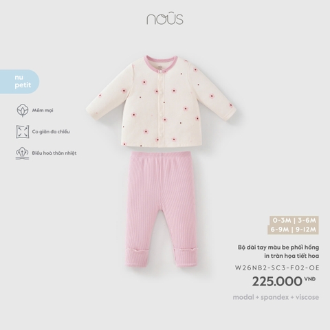 (0M-9M) NOUS - Bộ dài tay màu be phối hồng in tràn họa tiết hoa - SS26.T9A
