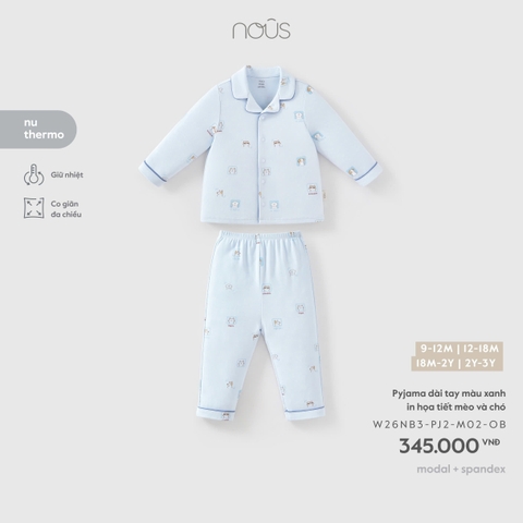 (6M-2Y) NOUS - Pyjama dài tay màu xanh in họa tiết mèo và chó - SS26.T9B