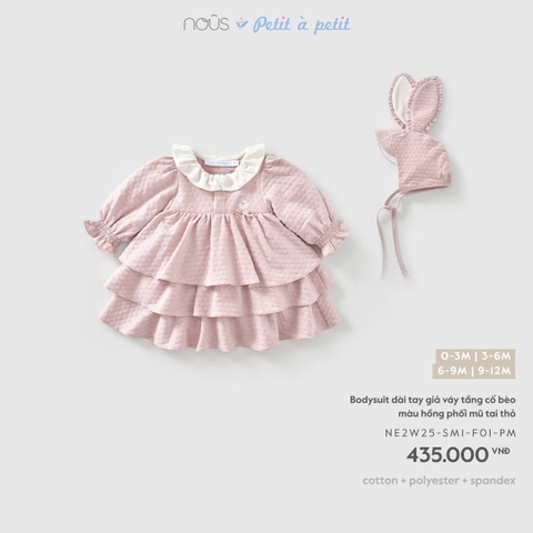 (0M-9M) NOUS - Bodysuit dài tay giả váy tầng cổ bèo màu hồng phối mũ tai thỏ - SS26.T10A