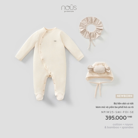 (Newborn) NOUS - Bộ liền dài có tất kèm mũ và yếm be phối kẻ ca rô - SS26.T10A