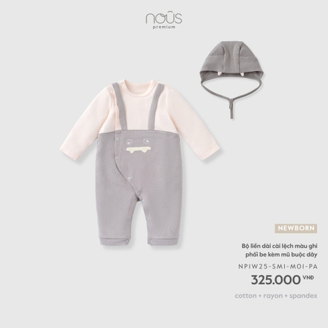 (Newborn) NOUS - Bộ liền dài cài lệch màu ghi phối be kèm mũ buộc dây - SS26.T10A