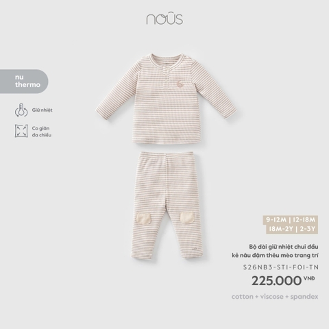 (9M-2Y) NOUS - Bộ dài giữ nhiệt chui đầu kẻ nâu đậm thêu mèo trang trí - SS26.T10A