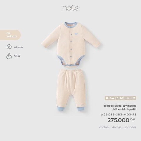(0M-9M) NOUS - Bộ bodysuit dài tay màu be phối xanh in họa tiết - SS26.T10A