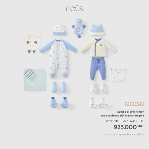 (Newborn) NOUS - Combo đi sinh 16 món màu xanh họa tiết mèo khám phá - SS26.T10A