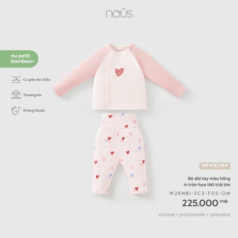 (Newborn) NOUS - Bộ dài tay màu hồng in tràn họa tiết trái tim - SS26.T10A