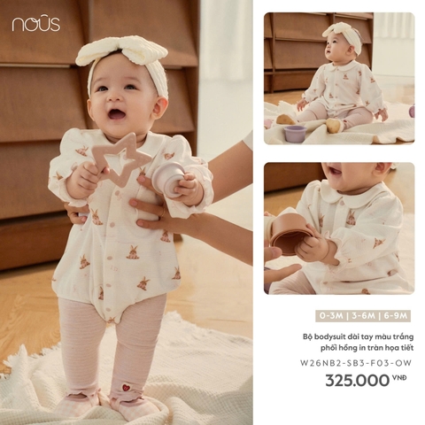 (0M-9M) NOUS - Bộ bodysuit dài tay màu trắng phối hồng in tràn họa tiết - SS26.T10A