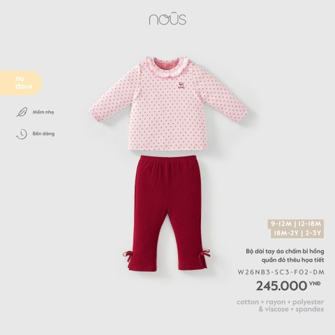 (9M-2Y) NOUS - Bộ dài tay áo chấm bi hồng quần đỏ thêu họa tiết - SS26.T10A