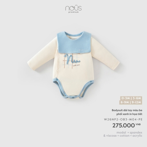 (0M-9M) NOUS - Bodysuit dài tay màu be phối xanh in họa tiết - SS26.T10A