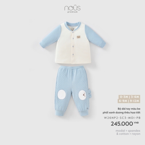 (0M-9M) NOUS - Bộ dài tay màu be phối xanh dương thêu họa tiết - SS26.T10A