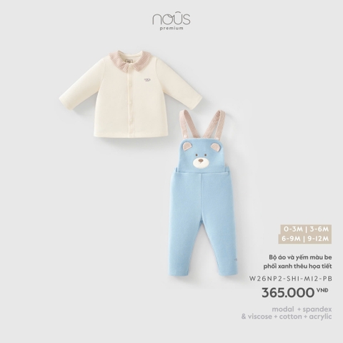 (0M-9M) NOUS - Bộ áo và yếm màu be phối xanh thêu họa tiết - SS26.T10A