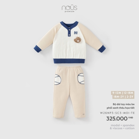 (9M-2Y) NOUS - Bộ dài tay màu be phối xanh thêu họa tiết - SS26.T10A