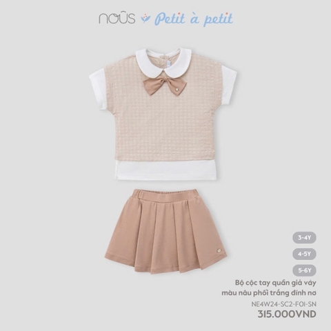 NOUS - Bộ cộc tay quần giả váy màu nâu phối trắng đính nơ 3Y - SS24.T8A