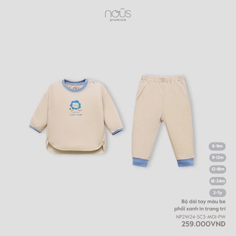 NOUS - Bộ dài tay màu be phối xanh in trang trí 6M - SS24.T8A