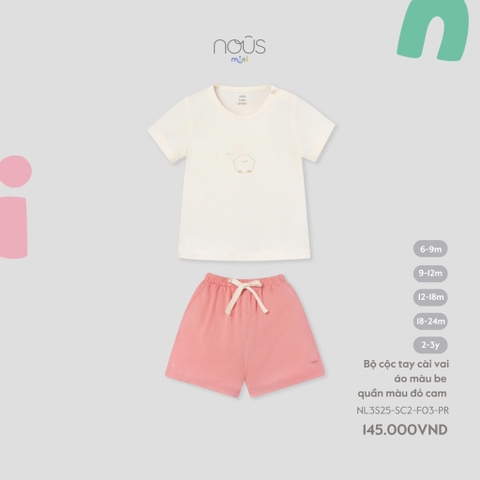 NOUS MINI - Bộ cộc tay cài vai áo màu be quần màu đỏ cam - 9-12M - SS25.T4B