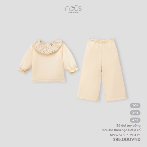 NOUS:S30:-:Bộ:dài:tay:bồng:màu:be:thêu:họa:tiết:ở:cổ:3Y:-:3-4Y:-:SS24.T8A