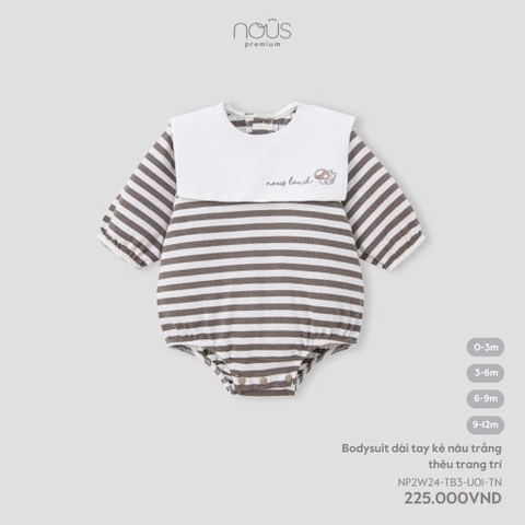 NOUS - body dài tay kẻ nâu trắng thêu trang trí 3M - SS24.T8A
